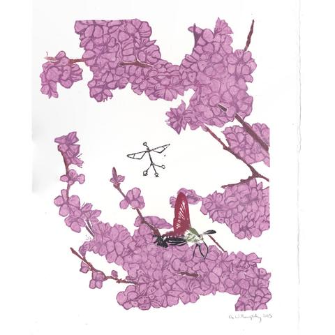 My linocut print on 16” x 20” Arches paper with deckle edge with collaged washi paper of branches of  pink cherry blossoms with a hummingbird clearwing moth in burgundy, sage green and black and a tiny black pollination drone called a Robobee. The drone has two wings, a vertical structure and tripod feet and is smaller than the moth.