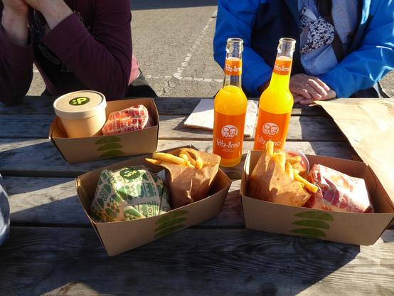 burgers & fries in cardboard trays with bright-orange bottles of soda, laid out in late-afternoon sunlight at a harbour-side picnic table