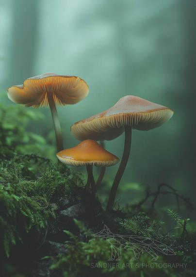 A close-up photograph of three orange-brown mushrooms with delicate gills, growing from a mossy log in the Dandenong Ranges rainforest. Soft green mist envelops the background, creating an ethereal, dreamlike atmosphere. The lighting gently highlights the texture of the fungi and surrounding moss.