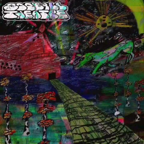 Surreal, psychedelic album cover with vivid, distorted visuals. A red, ominous house sits at the end of a winding, reptilian path lined with towering, mutated mushrooms. A bright, chaotic sun with jagged rays looms in the sky, while a neon green, distorted animal figure appears mid-leap. The scene has a chaotic, otherworldly aesthetic, blending abstract shapes and vibrant colors.
