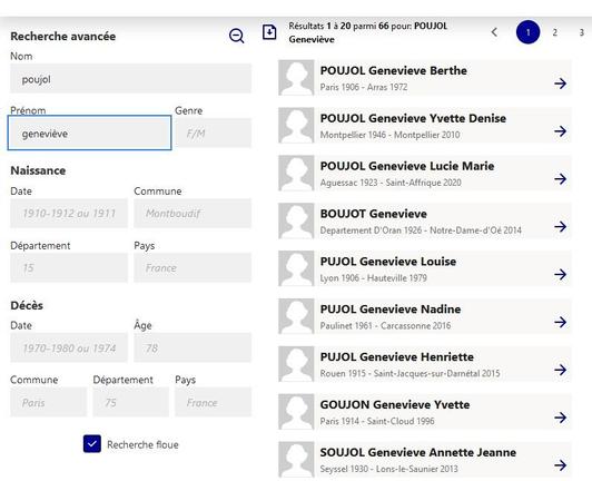 Capture d'écran du moteur de recherche avancée de deces.matchid.io