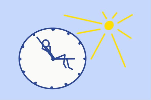 Teichnung von einem Strichmännchen, dass es sich auf den Zeigern einer Uhr bequem gemacht hat und sich sonnt