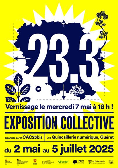 Visuel de l'exposition collective 23.3 Vernissage le mercredi 7 mai à 17h à la Quincaillerie numérique à Guéret
expo organisée par le CAC23bis, visible du  2 mai au 5 juillet 2025