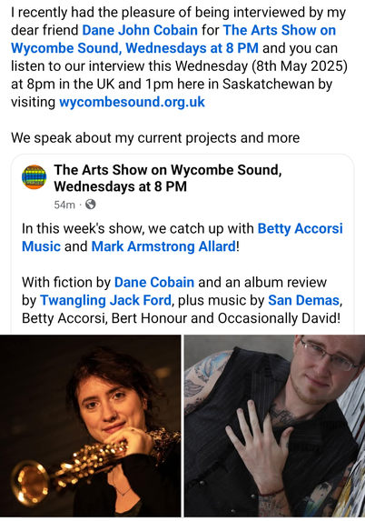 A screenshot depicting information on how to listen to Mark's radio interview with radio show host, Dane Cobain