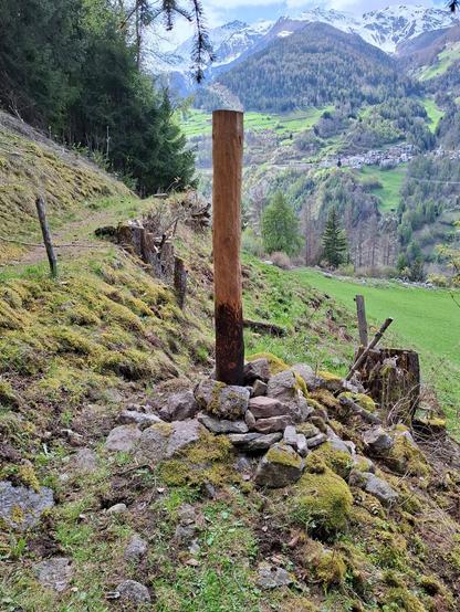 A round larch fence post is wedged and secured with stones below a cow path, with a mountain landscape, forest, and a small village in the background.