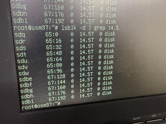 Terminal montrant une liste de 6 disques de 14.5 To