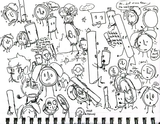 A doodle page full of random object oc doodles