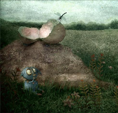 The Mysterious Monster March: JUST HATCHED
One cloudy morning a just-hatched baby monster sits alone in the grass next to a large boulder. It shivers with cold and hunger. Above, it's cracked egg balances precariously, while a hovering dragonfly looks down with interest. In the far distance, three quarreling monsters argue about who is responsible for an escaped pink balloon. NOTE: This description created especially for my lovely blind friend, Georgiana. :-)