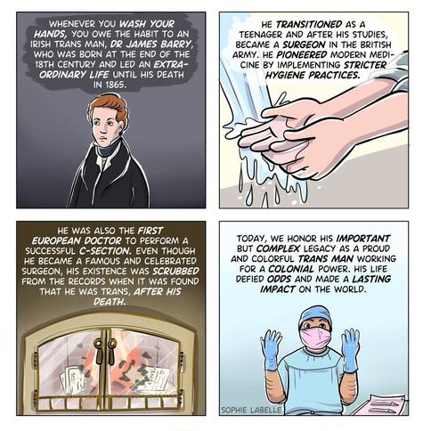Four panel comic.
First panel shows a young white person with auburn hair, dressed in the clothes of an 1800s gentleman, with the text, "Whenever you wash your hands, you owe the habit to an irish trans man, dr James Barry, who was born at the end of the 18th century and led an extraordinary life until his death in 1865."
Second panel shows two white arms under running water, with the text: "He transitioned as a teenager and after his studies, became a surgeon in the British army. He pioneered modern medicine by implementing stricter hygiene practices."
Third panel shows burning documents inside a furnace behind glass; the word "Barry" shows in a couple of the burning papers. The text reads, "He was also the first european doctor to perform a successful c-section. even though he became a famous and celebrated surgeon, his existence was scrubbed from the records when it was found that he was trans, after his death."
Fourth panel, shows a white person dressed for surgery with mask, cap and gloves, with the text: "Today, we honor his important but complex legacy as a proud and colorful trans man working for a colonial power. His life defied odds and made a lasting impact on the world."

Credit: Sophie Labelle
