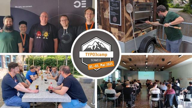 Bildercollage vom Schweizer TYPO3 Barcamp 2025: oben links Teamfoto Ops One, oben rechts Andri beim Pizzabacken, unten links lange, vollbesetzte Tafel beim Abendessen, unten rechts volle Aula bei der Begrüssung