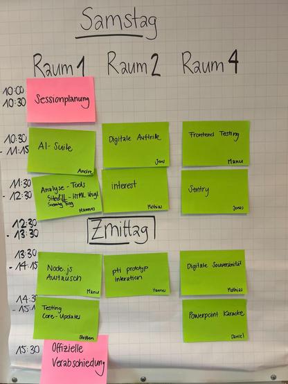 Stundenplan der Sessionplanung vom Samstag, Themen: AI Suite, Digitale Auftritte, Frontend Testing, Analyse-Tools (sitediff, screaming frog), interest, Sentry, Node.js-Austausch, pti Prototyp-Interaktion, Digitale Souveränität, Testing Core Updates, Powerpoint-Karaoke