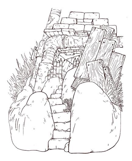 Sketch of a mouse-size stronghold made of many types of junk