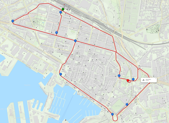 Capture de la carte approximative de notre parcours dans le centre ville de Toulon.