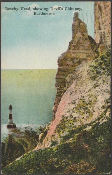 Printed colour postcard showing a view of Beachy Head at Eastbourne in Sussex, and with the Devil's Chimney above the lighthouse.

Publisher not stated, not numbered.

Postally used on 12 August 1924 with Eastbourne cancellation on red one penny stamp and sent to Mrs Clarke, c/o Mrs Woods, 150 Little Marlow Road, Marlow, Buckinghamshire.

Very good condition, with very slight corner bumps and light album marks.