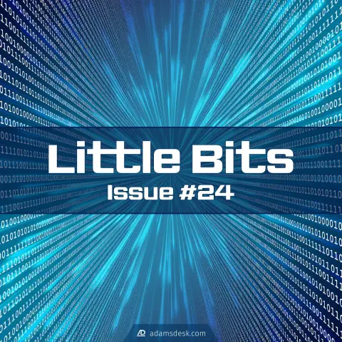 A perspective view between two walls of white binary text with a blue background that has an explosion in the middle coming towards the viewer sits large bold text that reads, 'Little Bits issue #24'.