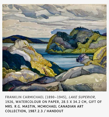 This is a painting of a rocky, hilly shoreline. It has vibrant yellow foliage with grey and purple rocks .