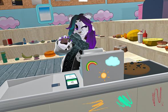 The photo shows an anthropomorphic character, seemingly a furry, working at a checkout counter in what appears to be a shop or store. The character is holding a small, dark-colored item, possibly a piece of candy or a small cake, and seems to be in the process of scanning or ringing it up. There are various food items visible on shelves behind the counter. The overall style suggests a virtual environment or a game.