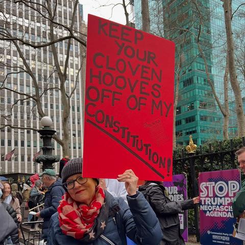 protest sign that says keep your cloven hooves off my constitution