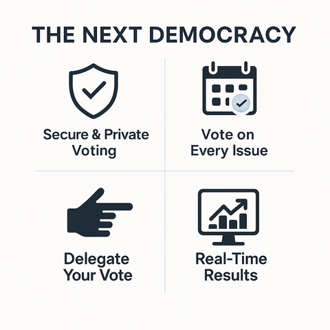 The Next Democracy

Where you get to vote on every issue or decision that matters to you 

Imagine voting on every issue via your phone, delegating your vote on complex topics to experts you trust (instantly revocable!), & all with zero paid political ads.

"The Next Democracy" proposes this as an overlay to current systems. 

Could it work?