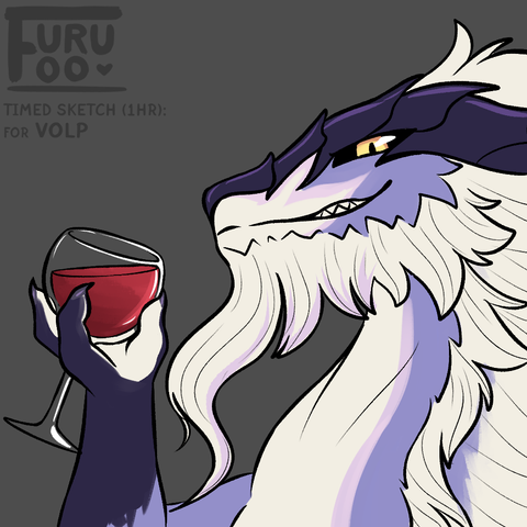 A purple dragon with a mighty beard looking imposingly, downwards at the viewer. His mouth's in a confident snarl, showing some of his teeth. He idly swirls a glass of wine with his right hand, holding it level with his mouth.