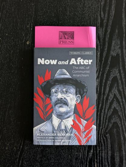 Book laying on top of a pink piece of paper.

The book is titled "Now and After – The ABC of Communist Anarchism" by Alexander Berkman.

On the paper the logo for AK Press can be seen.