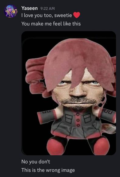 A series of Discord messages from Yaseen:
I love you too, sweetie ❤️
You make me feel like this
*an image of a Kasane Teto plush with the face replaced with the unimpressed face of House MD*
No you don't
This is the wrong image