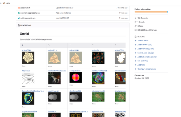 A screenshot of a git hosting service showing a README.md file with many thumbnails generated by programs hosted in that git repository.