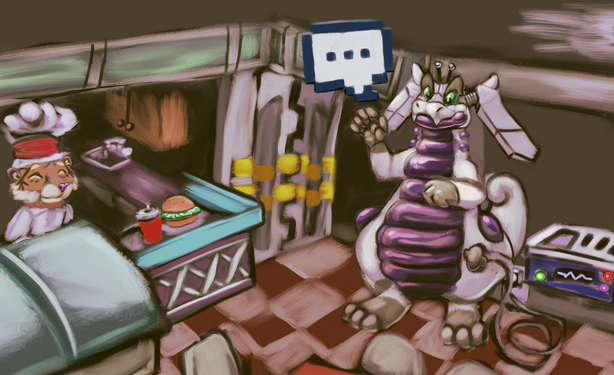 Digitalart painting of a robotic goodra recharging in the kitchen in Space Station 13. The cook smiles at him next to a burger as the Goodra prepares to say something.