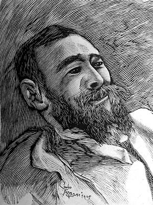 Ritratto al tratto di penna di Gian Pietro Lucini. Sdraiato, con il collo della camicia aperto, questo giovane con folti baffi e barba ha l'espressione serena