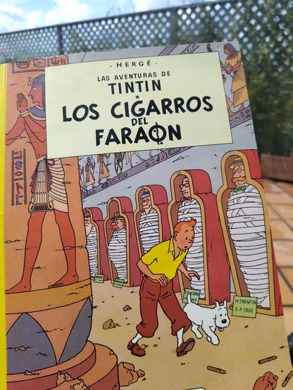 Portada. Sale milu el perro y tintin. Se ven personas momificadas