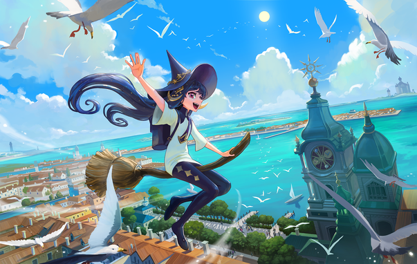 a digital painting of the magician Rubel flying on her broom on a nice partly cloudy day; other than her white shirt, Rubel's witch outfit is a deep blue/purple to match her long hair; Rubel is flying along dozens of seagulls over a fantasy seaside town