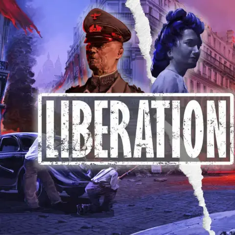 A dramatic illustration depicts a divided scene representing the conflict between Nazi occupiers and the French Resistance in Paris. On the left, a stern Nazi officer in a military uniform stands prominently, while on the right, a woman with dark hair and a determined expression symbolizes the Resistance. The background features a chaotic urban landscape with smoke and flames, and the word "LIBERATION" is boldly displayed across the center, emphasizing the game's theme.