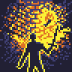 Within a dark dungeon setting, a lone figure armed with a sword approaches a fork in their path, barely illuminated by a single torch. Imagined as 48 x 48 pixel art (resized to 144x144)
