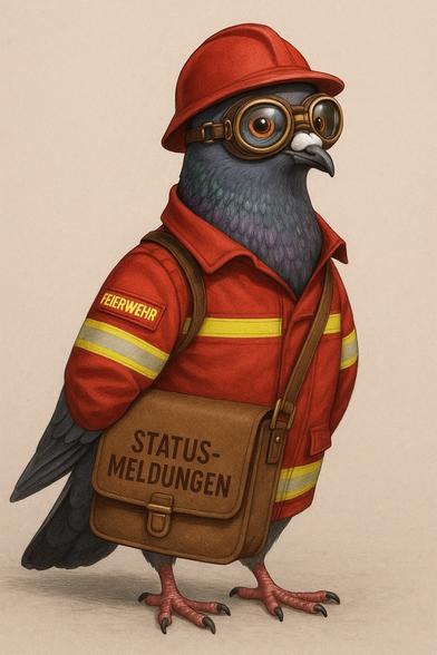 A cartoon-style pigeon dressed as a firefighter, wearing a red helmet and goggles. The pigeon has a red fire service uniform with yellow stripes and carries a brown bag labeled "STATUS-MELDUNGEN." The background is a light beige color.