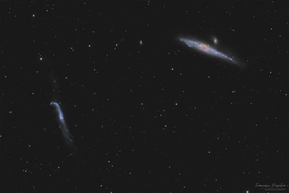 Photograph of two fuzzy galaxies. The one near the middle left resembles a hockey stick, and the one in the upper right resembles a stretched-out whale. The background is full of numerous stars and distant galaxies.