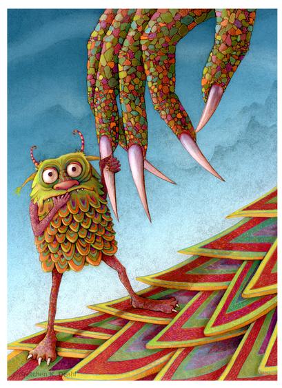 Against a brilliant blue sky, with just a hint of mountains in the distance, a teeny baby monster trembles with uncertainty on its mothers scaly leg, grasping her long sharp claw for balance. It nervously stares (at me) with large bulging eyes, while the other hand is clamped firmly in its mouth. Bright scales of chartreuse, vivid orange and crimson red cover the body of this wee creature, accompanied by slender candy-cane-like curved horns atop its bald green head.  I find it  endearingly adorable. NOTE: This description created especially for my lovely blind friend, Georgiana.