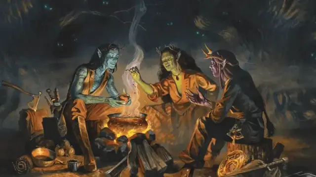 Official DnD artwork from Ravenloft, featuring three tiefling warlocks casting a spell in a cauldron and surrounded by creepy glowing eyes in the darkness.