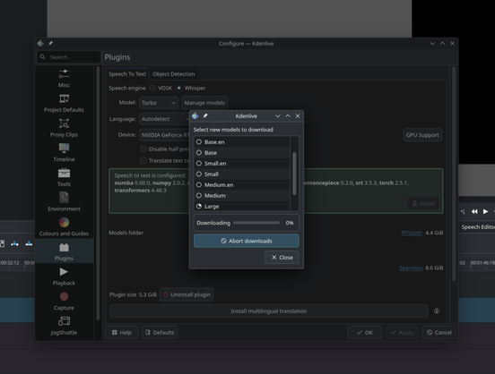 A screenshot showing Kdenlive's Whisper model manager. The progress bar shows 0% and will likely stay like that for the remainder of the life of the Universe unless you take action.