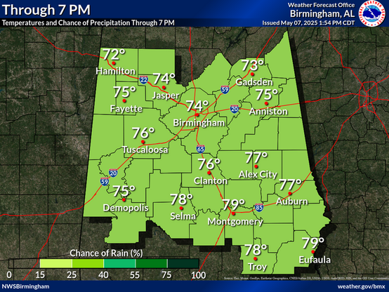 Low chances for showers and thunderstorms continue through the remainder of the day as an upper level disturbance approaches the region. Highs today settle into the mid 70s to low 80s.