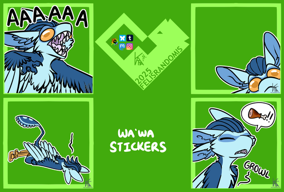 Digital art of an avali character made for telegram/discord stickers. Screaming, face down on the floor, peeking in from the corner, and very hungry