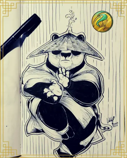 TraditionalArt in ink. Illustration of Po from Kung Fu Panda floating in meditation wearing a hat and eyes closed.
Inspired by the last movie