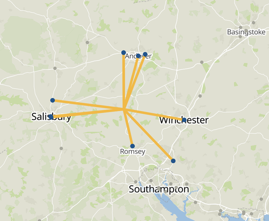 A screenshot from the link in the post. It shows an OpenStreetMap view of the Southamptin/Winchester/Salisbury area. There are nine yellow lines radiating from a central point.