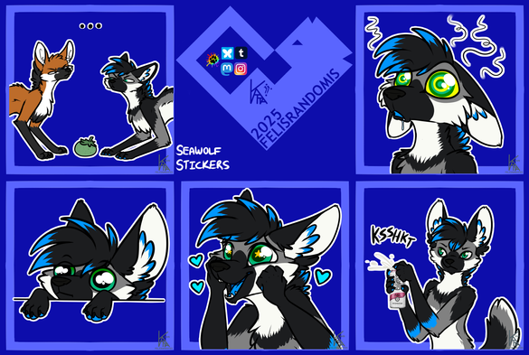 Digital art of a maned wolf character made for telegram/discord stickers. Stale mate with another maned wolf over a Wolf apple, peeking over a ledge, hands on face looking at something cute, hypnotized, and stoicly opening a can of white claw.
