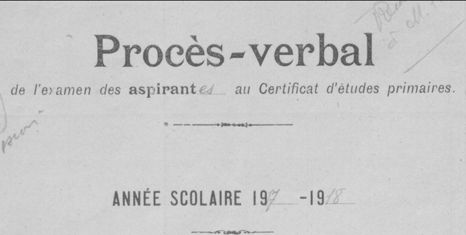 Page de garde du procès-verbal d'examen des aspirantes au certificat d'études primaires en 1918, canton de Pont-l'Abbé