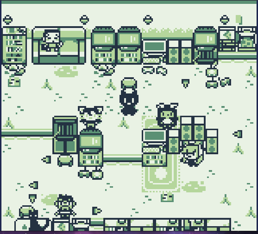 Game boy style screenshot depicting room full of bookcases and computers and game controllers. There's a black character in the center, another one on the sofa in the top left corner, two other on the left and right of the black character and two more at the bottom. Everything is in greenish colors. There are speakers in the middle of the room. In the top right corner there are stacked pizza boxes, one of them is opened. There are slices of pizza everywhere on the floor