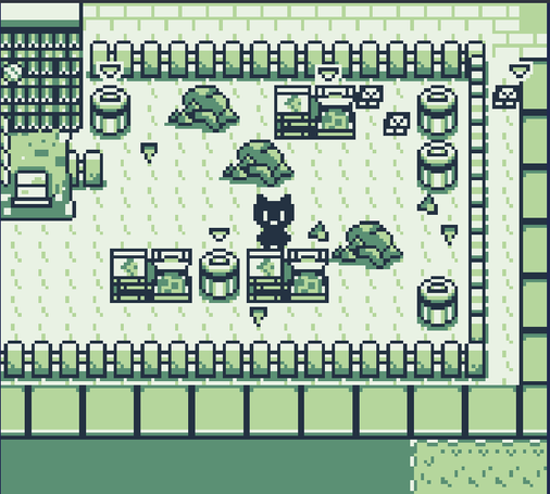 Game boy style screenshot depicting a fenced area with rubbish, pizza boxes, slices of pizza, envelopes and trash cans. There's a black cat-like character in the middle. In the top left corner there's a part of something looking like home
