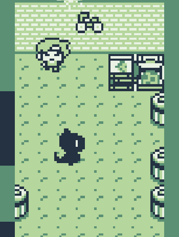Game boy style screen shot of room with pizza boxes at the top (one of them is opened) and wall with a bike hanging on it. Underneath there's a angry looking character. In the middle there's a black cat-like character. On the right there are trash cans and in the bottom left corner there's partially visible trash can