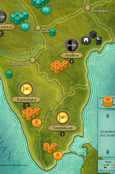 Screenshot of a mid game map of Southern India from the game Vijayanagara, mostly focused on the titular Vijayanagara orange cylinders.