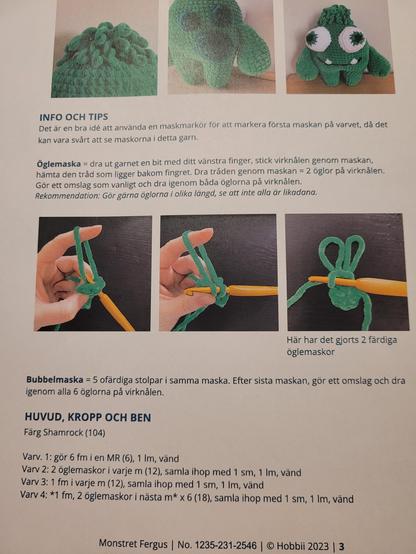 Virkbeskrivning till Fergus ett grönt garn monster.