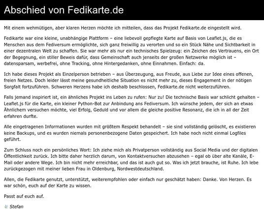 Abschiedsnachricht des Betreibers.